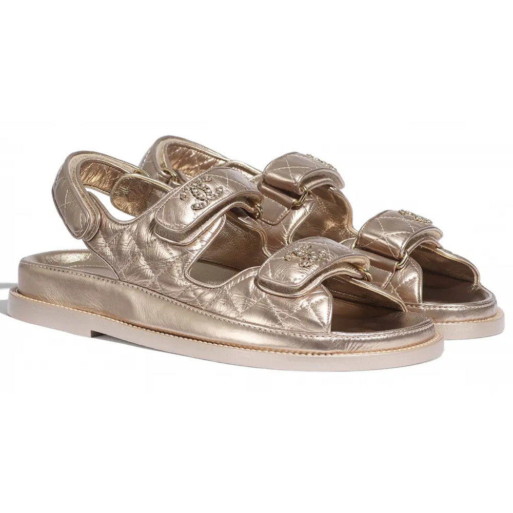 Chanel 21C Bronze Quilted Chain CC Logo Mule Slide Strap Flat Teva Dad Sandal 37 - Picture 3 of 12